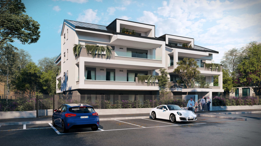 Modern white apartment building with multiple balconies and greenery in a parking lot setting.